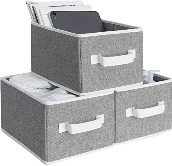 StorageWorks Medium Storage Baskets for Shelves, Rectangular Closet Organizers with Handles, Foldable Closet Storage Baskets for Utility Room, 3-Pack, Gray