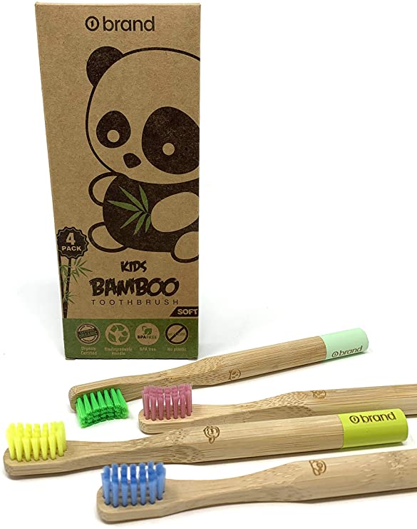KIDS Bamboo Toothbrush, Soft Bristle Toothbrush, 4 PACK, ROUND HANDLE, Eco Friendly & Natural, BPA Free, Wooden Toothbrushes, Zero Waste Products, Organic, Vegan, Tooth Brush, Non Plastic, Environmental
