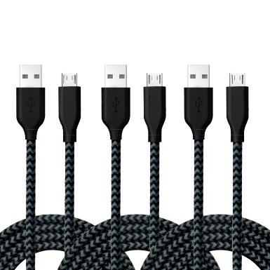 iSeeker Bundle of 3 Durable 6.6ft/2m Nylon Braided Tangle-Free Micro USB Cable for Android, Samsung, HTC, Motorola, Nokia and More(Black)
