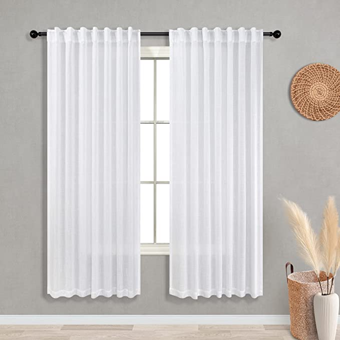 KOUFALL White Curtains 72 Inches Long for Living Room 2 Panels Set Rod Pocket Back Tab Linen Textured Semi Sheer Curtains for Bedroom 52x72 Inch Length