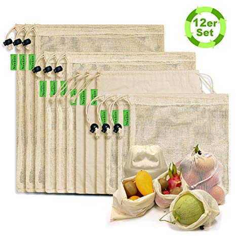 Reusable Produce Bags - Durable Organic Cotton Mesh Produce Bags ECO-Friendly Grocery Bags with Tare weight, 4 Sizes 12 Packs Lightweight Machine Washable Merchandise Bags with Organizing Drawstring