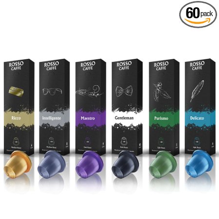 Nespresso Compatible Capsules - Variety Pack 60 Pods - Fit to All Nespresso Original Line Machine -By Rosso Caffe - 60 Days Satisfaction Guarantee