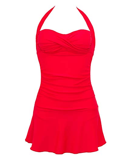 Lorasea Women Halter Bandeau One Piece Swimsuit Ruched Skirted Swimdress Bathing Suits