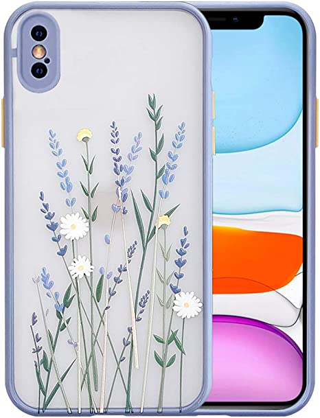 Ownest Compatible with iPhone Xs Max Case for Clear Frosted PC Back Flowers Pattern 3D Floral Girls Woman and Soft TPU Bumper Protective Silicone Slim Shockproof Case for iPhone Xs Max-Purple