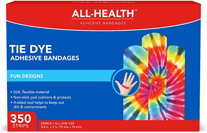All Health Tie Dye Adhesive Bandages.75 in x 3 in, 350 ct | Fun Colorful Designs for Minor Cuts & Scrapes, First Aid, and Wound Care