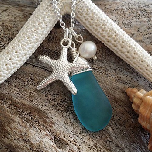 Handmade in Hawaii, blue sea glass necklace,starfish charm, fresh water pearl, sterling silver chain,gift box,Valentine's Day gifts for her,beach glass necklace,sea glass jewelry.