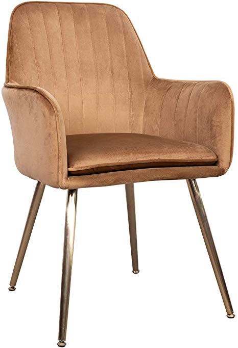 GOLDEN BEACH Elegant Velvet Dinning Chair Mid-Back Support Accent Arm Chair Modern Leisure Upholstered Chair with Gold Plating Legs (Camel)