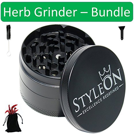 StyleOn Herb Grinder BUNDLE (4 Items). Comes with GRINDER   POUCH   BRUSH   SCRAPER. LARGE 4 Piece , 2.4” In x 1.6” In Herb Spice Tobacco Grinder (Black)