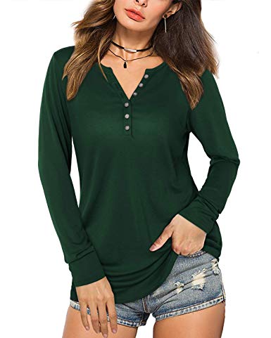 KILIG Women's Long Sleeve V-Neck Button Loose Casual Tunic Tops Blouse Henley T Shirts