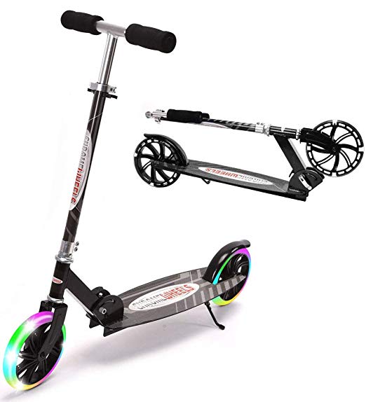 ChromeWheels Kick Scooter, Deluxe 8" Large 2 Light Up Wheels Wide Deck 5 Adjustable Height with Kickstand Foldable Scooters, Best Gift for Age 6 up Kids Girls Boys Teens, 200lb Weight Limit