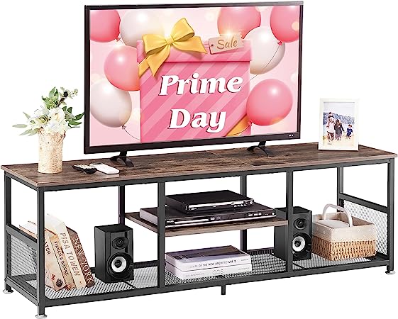 VECELO Industrial TV Stand for Televisions up to 60 Inch, 55" Entertainment Center with Open Storage Shelves for Living Room/Bedroom, 3 Tiers Media Console Table with Metal Frame, Brown, 55 Inches