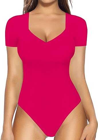 MANGOPOP Sweetheart V Neck Bodysuit for Women Short Sleeve Long Sleeve Body Suits Tops