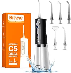 Bitvae Water Flossers for Teeth, Cordless Water Flosser with 3 Modes & 5 Intensities, Water Teeth Cleaner Picksfor Teeth Cleaning, IPX7 Waterproof & Rechargeable, Portable for Travel, Black