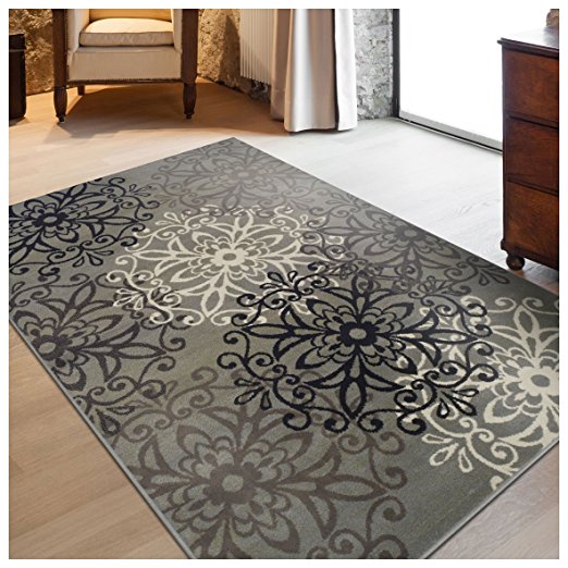 Superior Elegant Leigh Collection Area Rug, 8mm Pile Height with Jute Backing, Chic Contemporary Floral Medallion Pattern, Anti-Static, Water-Repellent Rugs - Blue, 8' x 10' Rug