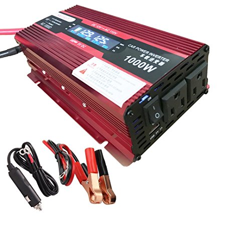 Power Inverter 500W/1000W DC 12V to 110V AC Car Inverter Outlets 2 AC Ports Charger Travel Kit Portable Converter for Laptop (1000W)