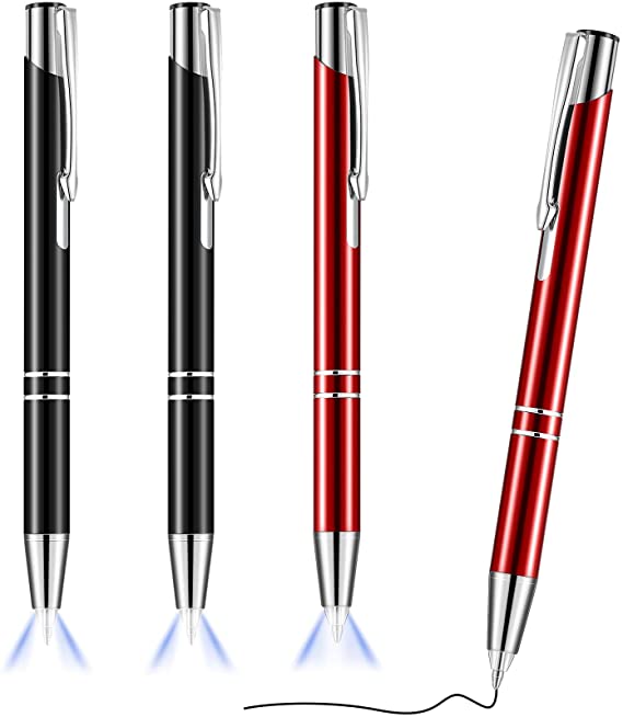 4 Pieces Lighted Tip Pen Ballpoint Pen with Light Flashlight LED Light Pen LED Penlight Light Up Pen for Writing in the Dark (Black and Red)