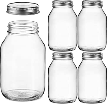 Glass Regular Mouth Mason Jars, 32 Ounce Glass Jars with Silver Metal Airtight Lids for Meal Prep, Food Storage, Canning, Drinking, Overnight Oats, Jelly, Dry Food, Spices, Salads, Yogurt (5 Pack)