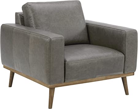 Amazon Brand – Rivet Modern Leather Living Room Accent Chair with Wood Base, 38.6"W, Gray