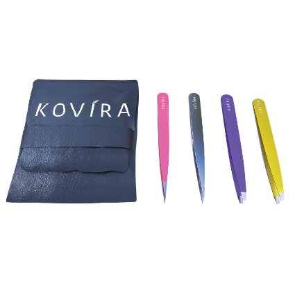 BEST TWEEZERS SET- 4 Tips Professional Stainless Steel Tweezers Set- Slant Straight and 2 x Pointed -Precision Calibrated with FREE CASE Best for Eyebrows Ingrown and Nose Hair Splinters By Kovira