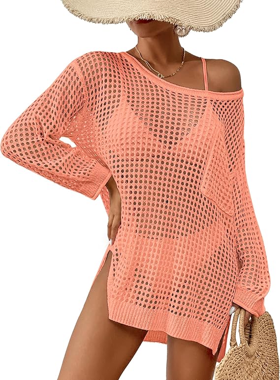 Bsubseach Crochet Cover Up for Swimwear Women Pool Swimsuit Coverup Long Sleeve Beach Knit Tops