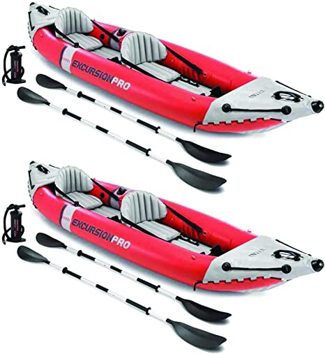 Intex Excursion Pro Inflatable 2 Person Vinyl Kayak w/ Oars & Pump, Red (2 Pack)