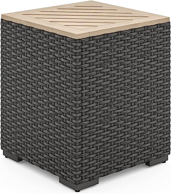 Homestyles Boca Raton Outdoor Side Acacia Wood Top, Weatherproof Woven Wicker Rattan End Table, 1 Seat, Grey/Brown