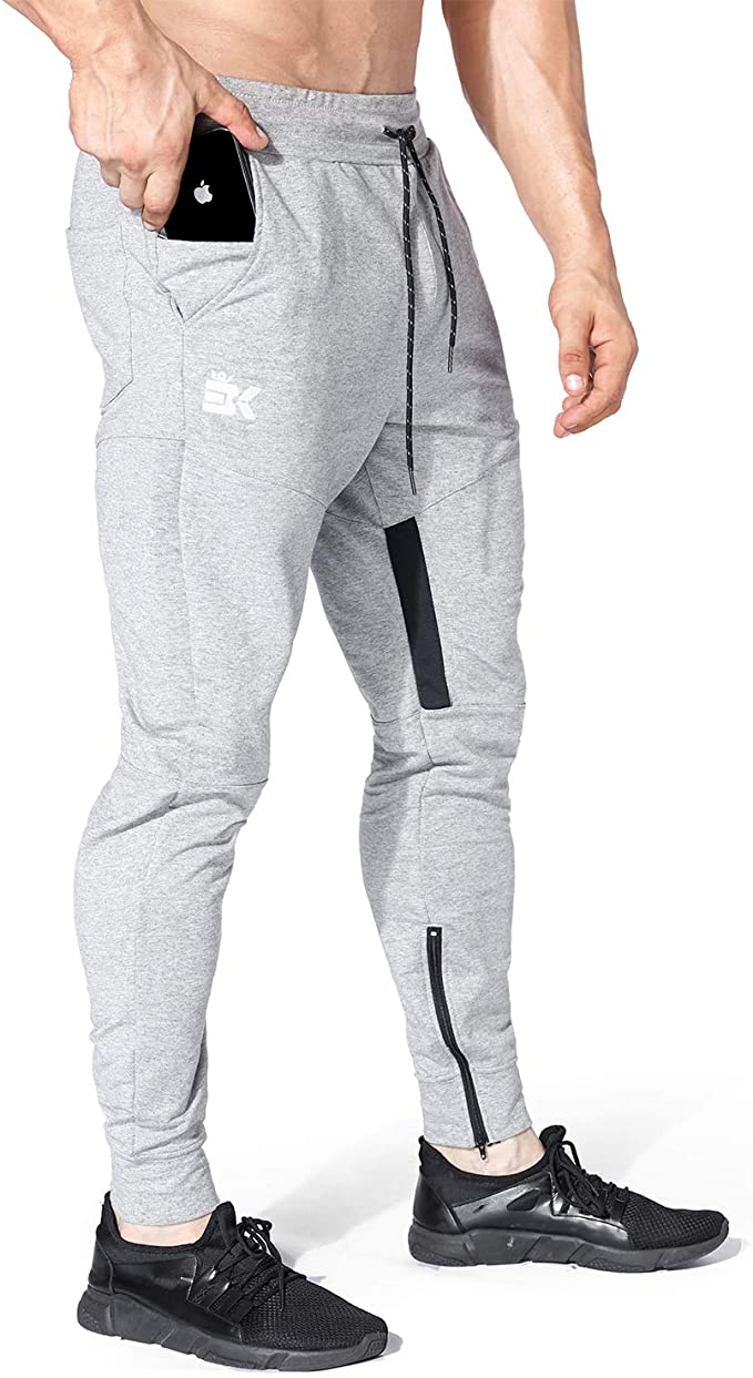BROKIG Men Stripe Gym Joggers Pants, Causal Slim fit Tapered Workout Training Sweatpants with Zipper Pocket