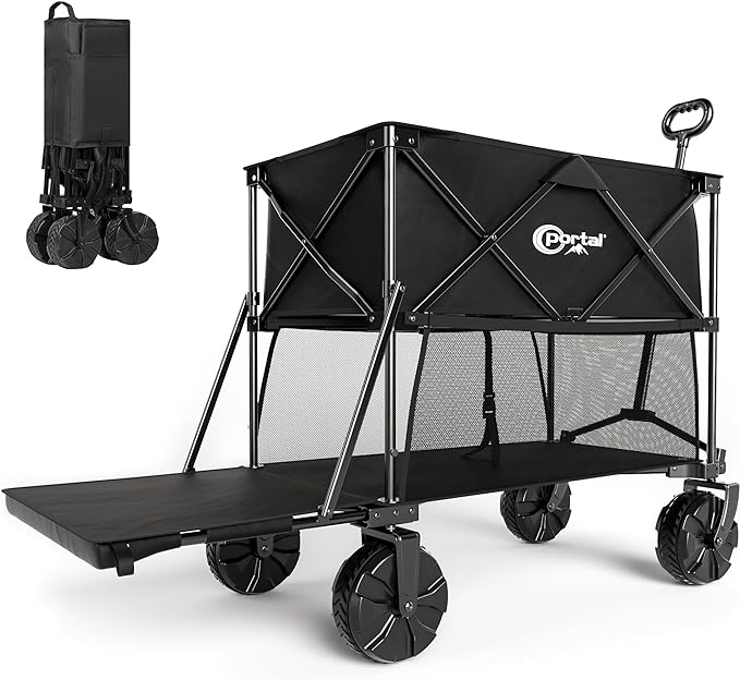 PORTAL Collapsible Double Decker Wagon, Foldable Wagon Cart with 54” Lower Decker, Folding Beach Wagon with Big Wheels, Utility Outdoor Portable Wagon for Camping, Garden, Shopping, Groceries