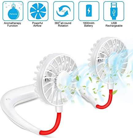 Portable Hanging Neck Sports Fan - Hands Free USB Rechargeable Personal Wearable Neckband Fan Battery Operated with 3 Level Air Flow Headphone Design Cooling Head Fan (White)