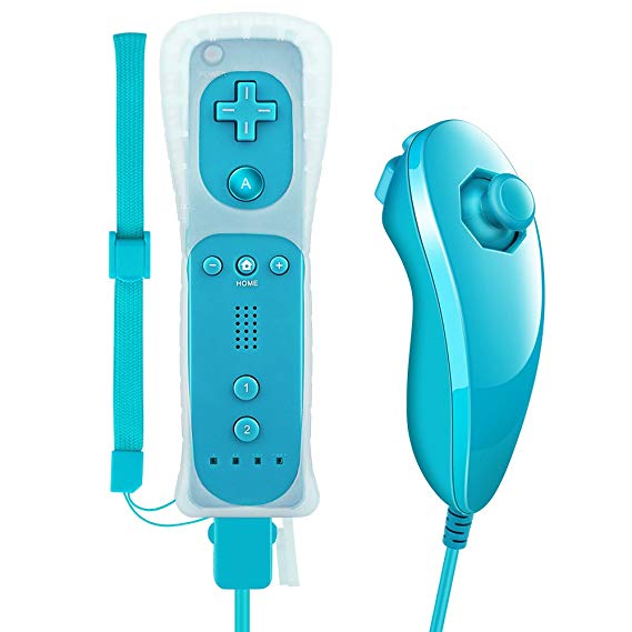 Wii Controller,XW12 Nintendo Wii Remote Control and Nunchuck With Silicone Case Wrist Strap Built-in Vibration Motor For Wii And Wii U-Light Blue(Third-party product)