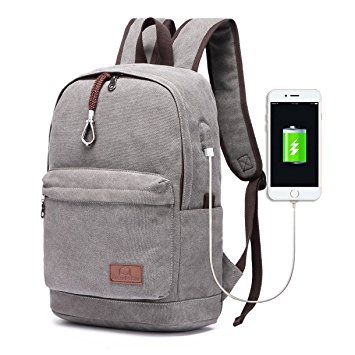 Travistar Lightweight Schoolbag Backpack Travel Daypack Canvas Laptop Backpack with USB Charging Port Fit 15.6 inch Laptop