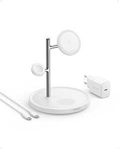 Anker MagGo 3-in-1 Kabellose Ladestation, 15W kabelloser Ladeständer, MagSafe-kompatibel, Qi2-zertifiziert, für iPhone 15/14/13 Serie, AirPods Pro, Apple Watch Ultra (Mit USB-C Netzteil und Kabel)