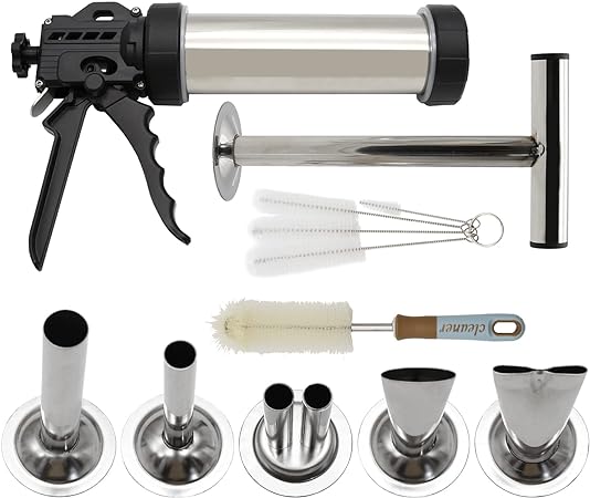 Hoypeyfiy Stainless Steel Jerky Gun, Sausage Maker, Handmade Beef Jerky Gun with 5 Stainless Nozzles Meat Pusher Cleaning Brushes Kit