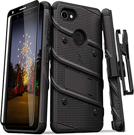 ZIZO Bolt Series Google Pixel 3a XL Case | Heavy-Duty Military-Grade Drop Protection w/Kickstand Included Belt Clip Holster Tempered Glass Lanyard (Black/Black)