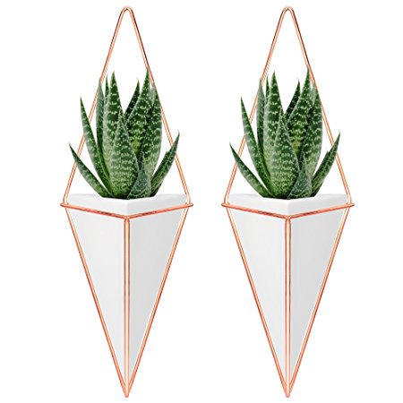 Nellam Ceramic Planter Set - 2 Pcs Modern Geometric Hanging Wall Pots - Copper Framed, Mounted Decorative Vases & Container for Indoor Plants & Succulents - For Flowers, Herbs, Vegetables