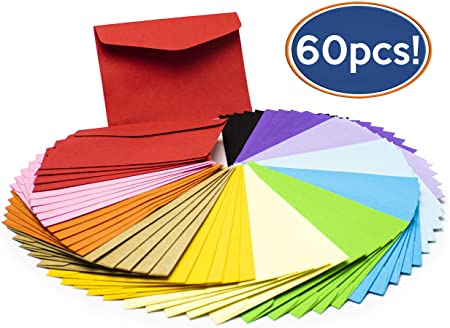 Bastex 60 Count Mini Small Colored Envelopes. 4.7 x 3.2 inch. Perfect Birthday Party Supplies, Weddings, Invitations, Gift Card, Letters, Graduations Baby Showers. Colorful Assorted and Vibrant Colors