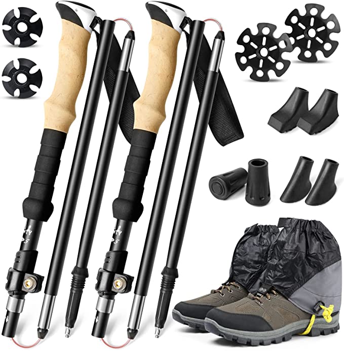 Odoland Trekking Poles, 2 Pack Collapsible Lightweight Hiking Poles with Low Ankle Gaiters for Men Women, Foldable Walking Poles with Adjustable Quick Locks for Climbing, Camping, Backpacking