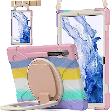 BATYUE Case for Galaxy Tab S8 Plus 2022, S7 FE 2021, S7 Plus 2020 12.4" inch, with Pen Holder Hand Shoulder Strap Kickstand, Case for SM-X800/X806/T730/T733/T736/T738/T970/T975/T976 (Colourful Pink)