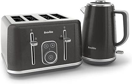 Breville Aura Grey Kettle and Toaster Set | with 1.7 Litre, 3KW Fast-Boil Electric Kettle and 4-Slice High-Lift Toaster | Shimmer Grey [VKT232 and VTR020]