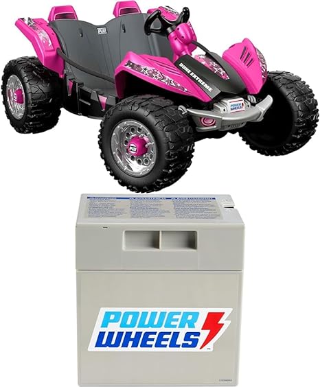 Bundle of Power Wheels Dune Racer Extreme Ride-On Vehicle for Preschool Kids, Multi-Terrain Traction, Seats 2, Pink   Replacement Battery 12-Volt 12-Ah Rechargeable