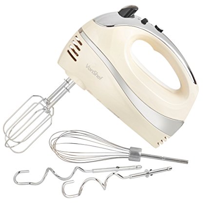 VonShef Hand Mixer Professional 300W Cream with Chrome Beaters, Dough Hooks & Balloon Whisk - 5 Speeds with Turbo Button includes FREE Extended 2 Year Warranty