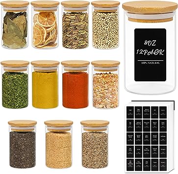 ComSaf 12Pcs Glass Spice Jars with Bamboo Lid, 8oz Airtight Round Spice Containers with 275 Black Lables, Empty Seasoning Jars for Spice Salt Sugar