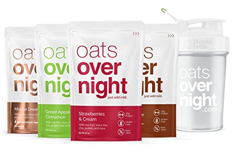 Oats Overnight - Oatmeal, Whey Protein, Rolled Oats, Low Sugar, Gluten-Free, Non-GMO, Variety Pack, 3 Ounce (8 Pack with Blender Bottle)