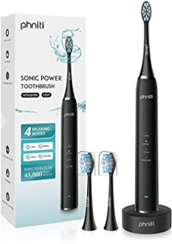 Electric Toothbrushes for Adults,PHNITI Whitening Toothbrush with 45,000 VPM ,4 Modes 2 Mins Timer Wireless Fast Charge & IPX7 Waterproof(Black)
