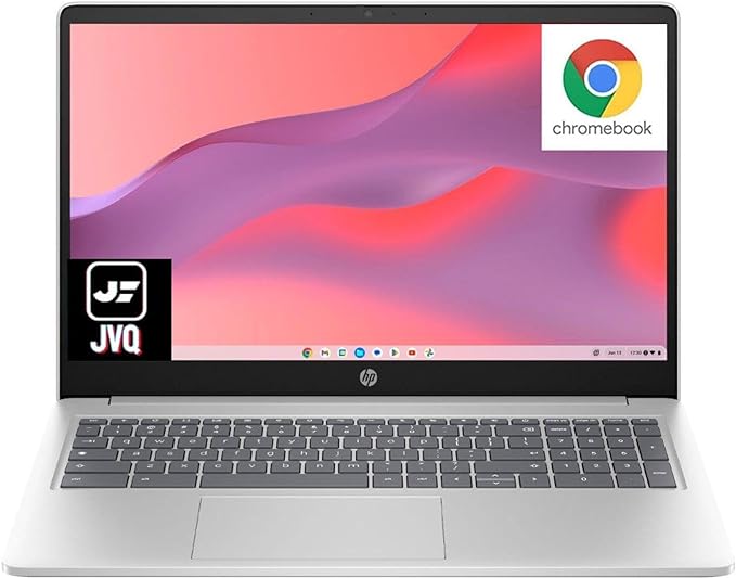 HP Newest 15.6'' HD Chromebook Laptop, Intel Processor N200, 8GB RAM, 64GB eMMC   64GB Card, Webcam, WiFi, Zoom Meeting, Bluetooth, USB-A&C, Chrome OS- Natural Silver, JVQ MP,2X Storage