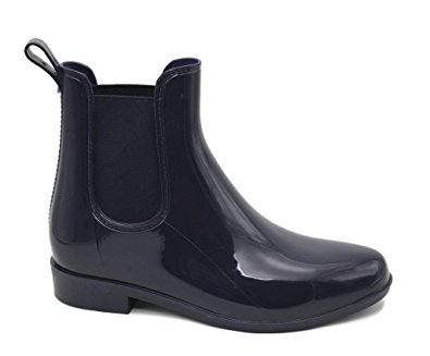 Mobesano Women's Ladies Shiny Short Ankle High Rain Winter Boots Booties Black Navy Elastic Design Slip On