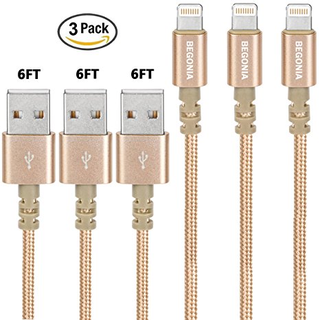 Lightning Cable, Begonia 3PACK (6FT) Nylon Braided Charging Cable Cord Lightning to USB Cable Charger Compatible with iPhone,iPad, iPod and More (Gold)
