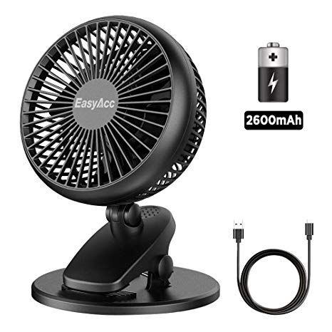 EasyAcc Battery Fan, Clip on Fan Baby Stroller Cooling Fans Strong Wind 4 Speeds 720° Rotation Using 3-15 Hours Portable USB Desk Clip Fan 2600mAh Battery Operated for Strollers Office Dorm Outdoors