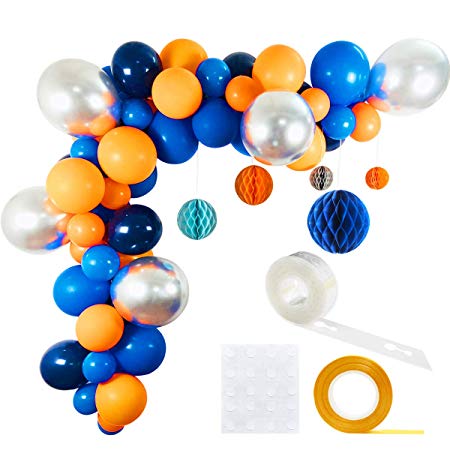 Outer Space Party Balloons 63 Pack, 12inch 5inch Orange Royal Blue Metallic Silver Latex Balloons 10inch Navy Blue Balloon Honeycomb Balls Balloon Strip Set for Baby Shower Birthday Party Supplies