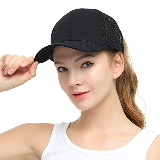 Womens Ponytail Messy High Buns Trucker Ponycaps Plain Baseball Cap Dad Hat Adjustable Snapback